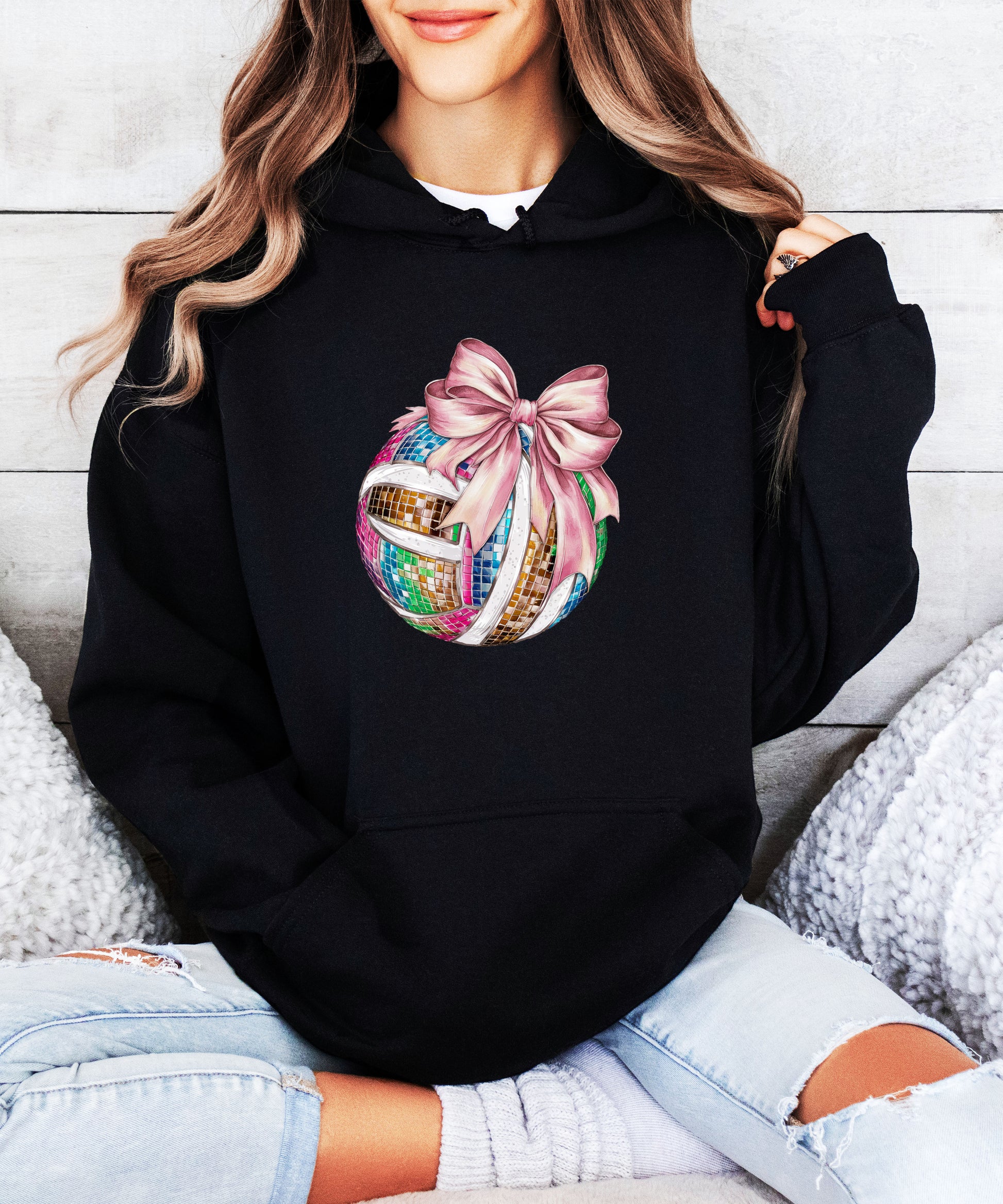 Disco Volleyball Coquette Bow Hoodie - Black - View 5