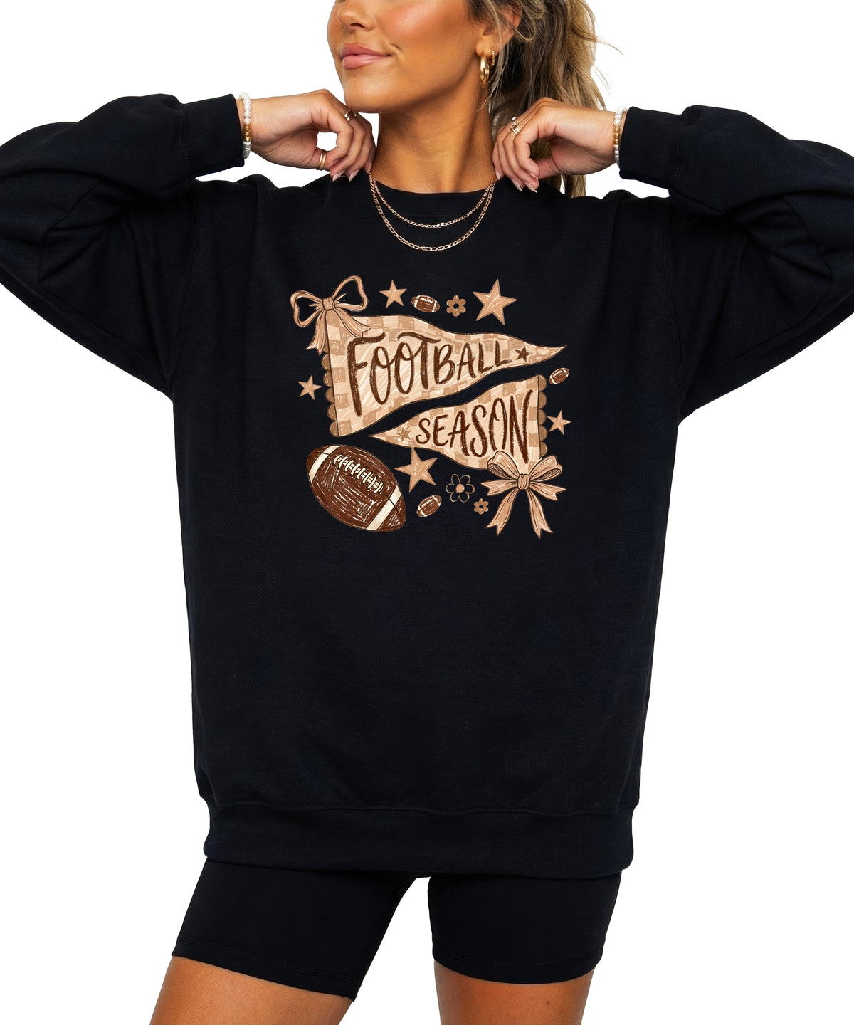Football Season Coquette Bow Pennant Game Day Crewneck Sweatshirt - Black Sweatshirt view 5