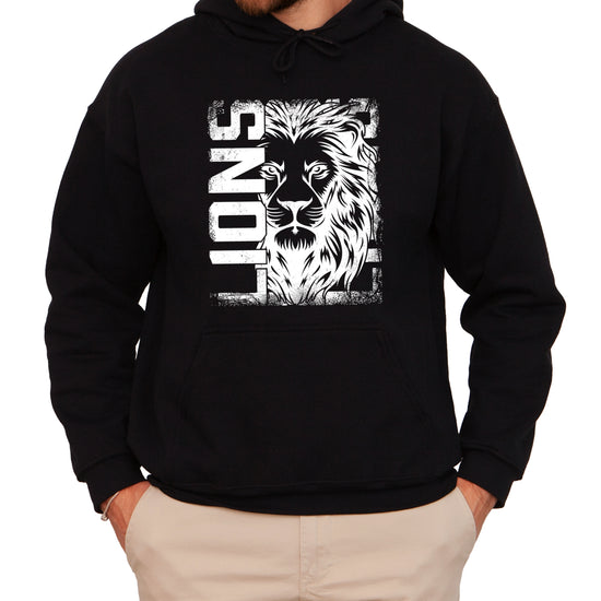 Lions School Spirit hoodie in Black - distressed lion mascot game day pullover sweatshirt, view 6