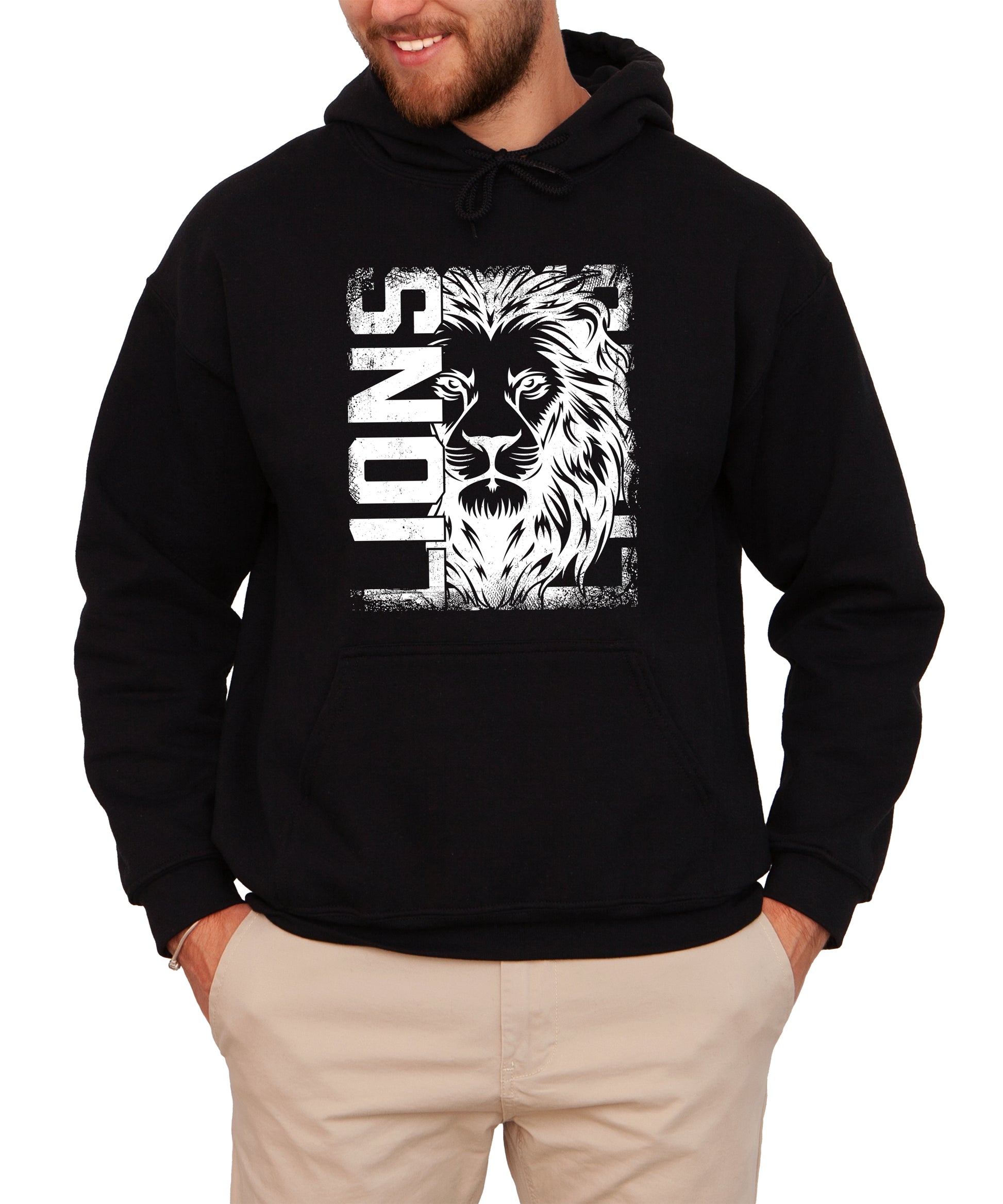 Lions School Spirit hoodie in Black - distressed lion mascot game day pullover sweatshirt, view 6