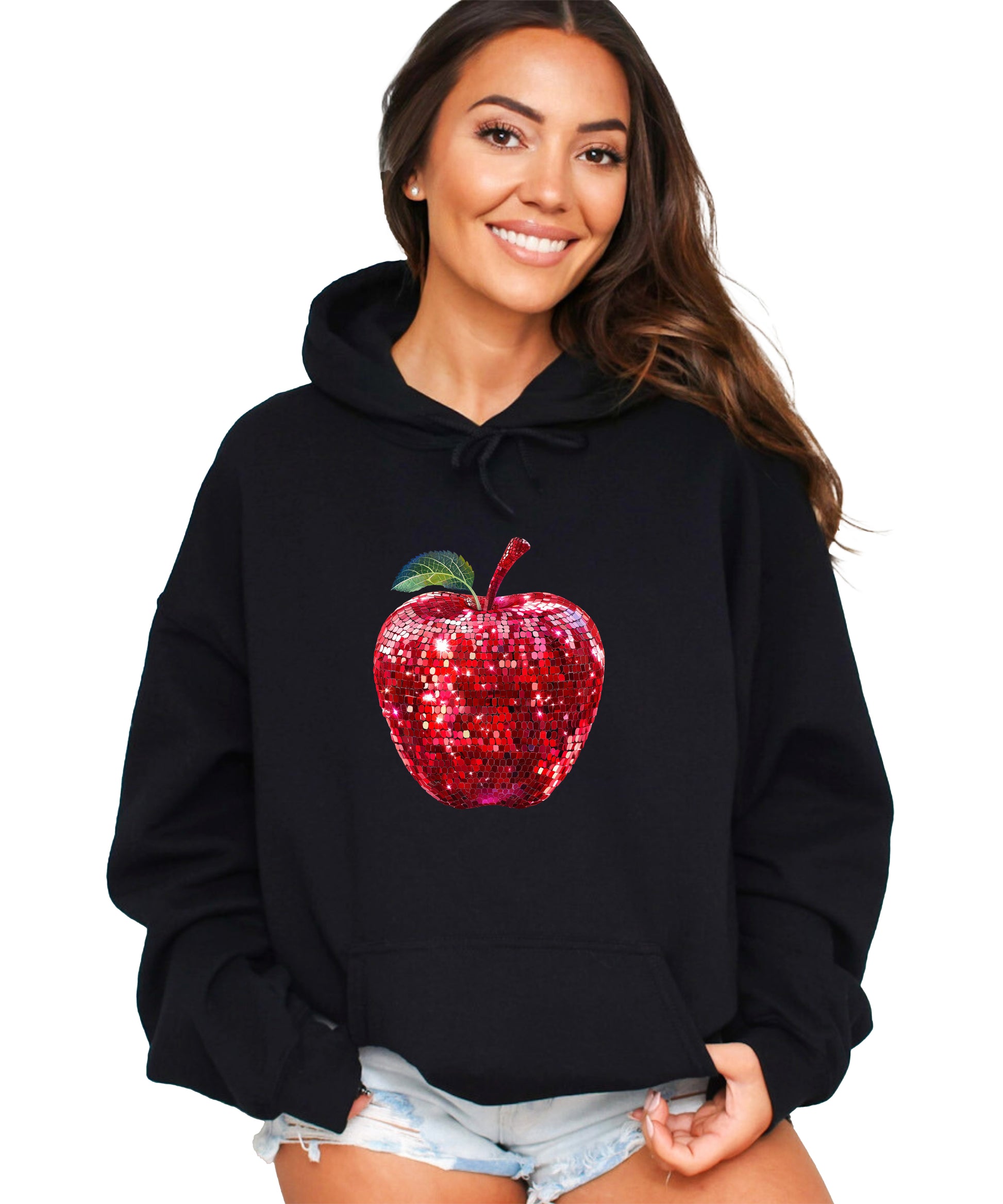 Black glitter apple teacher hoodie view 6