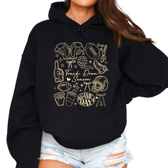 Black Touch Down Season football hoodie flat lay