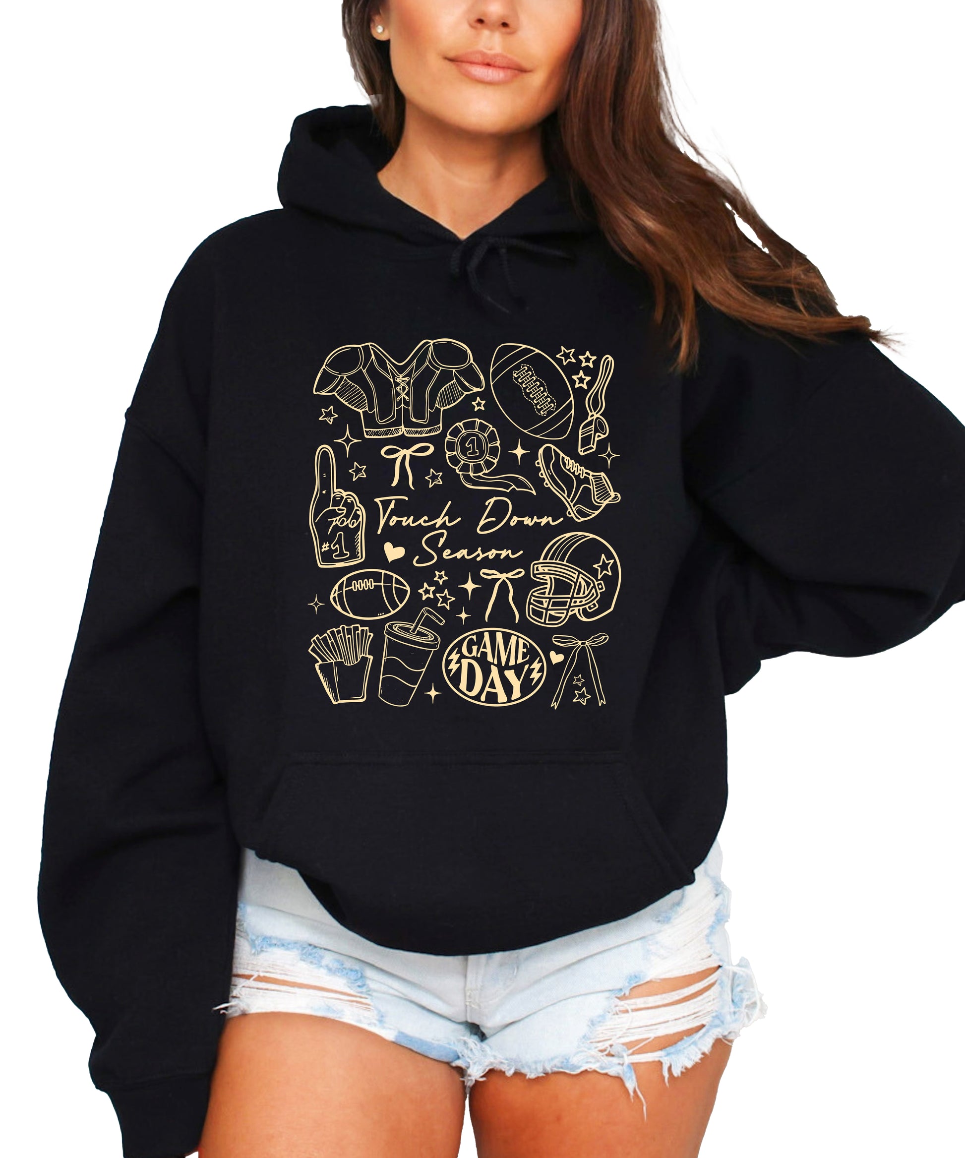 Black Touch Down Season football hoodie flat lay