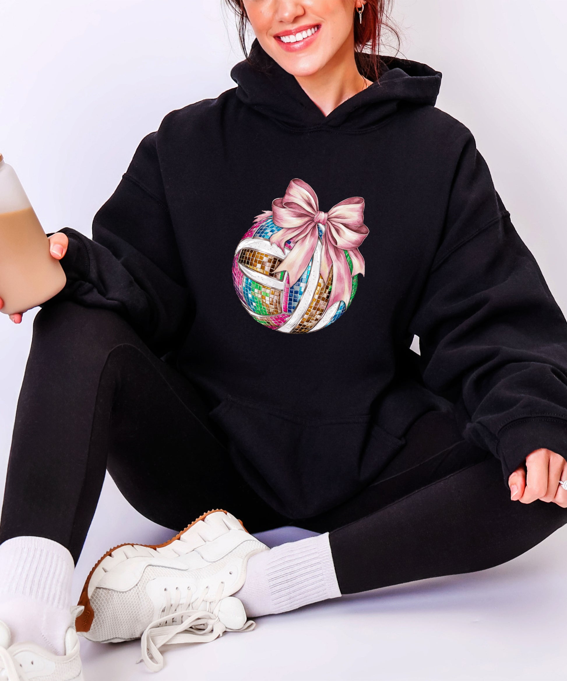 Disco Volleyball Coquette Bow Hoodie - Black - View 7
