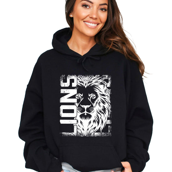 Lions School Spirit hoodie in Black - distressed lion mascot game day pullover sweatshirt, view 7