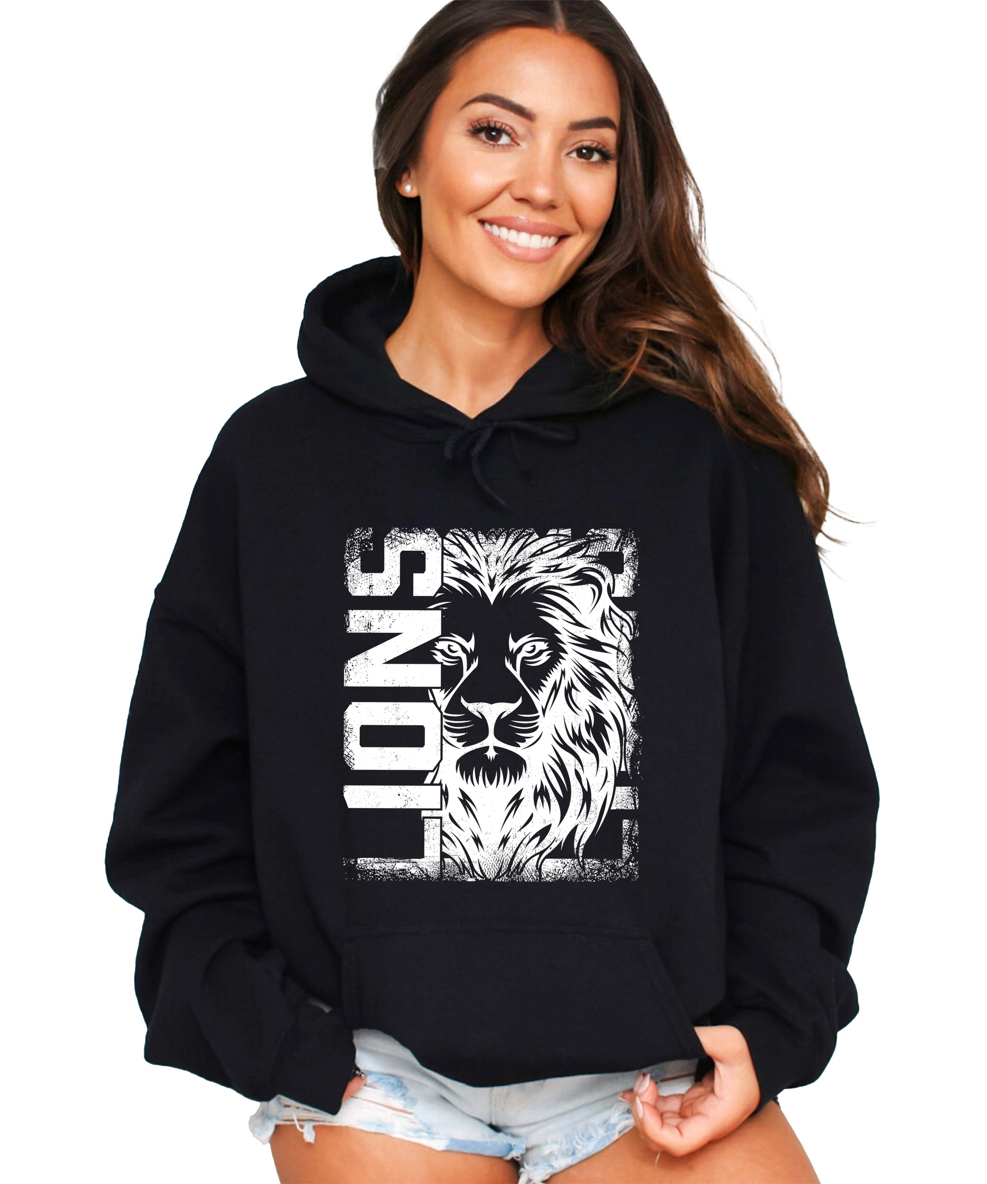 Lions School Spirit hoodie in Black - distressed lion mascot game day pullover sweatshirt, view 7