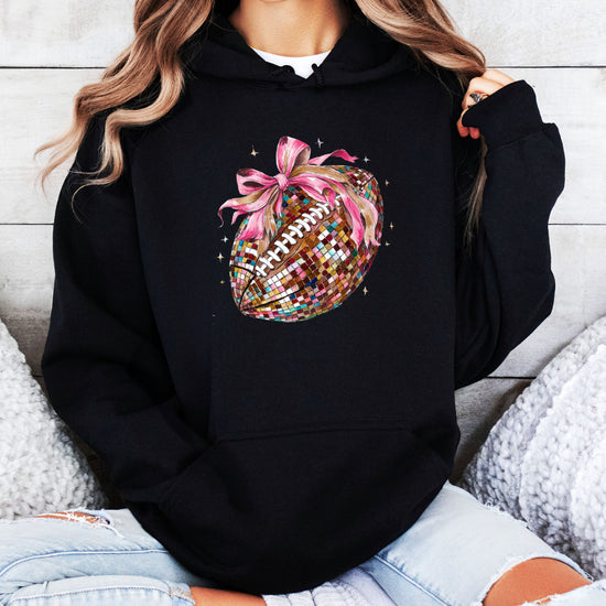 Disco Ball Football Coquette Bow Hoodie for Women, Black Hoodie, view 7