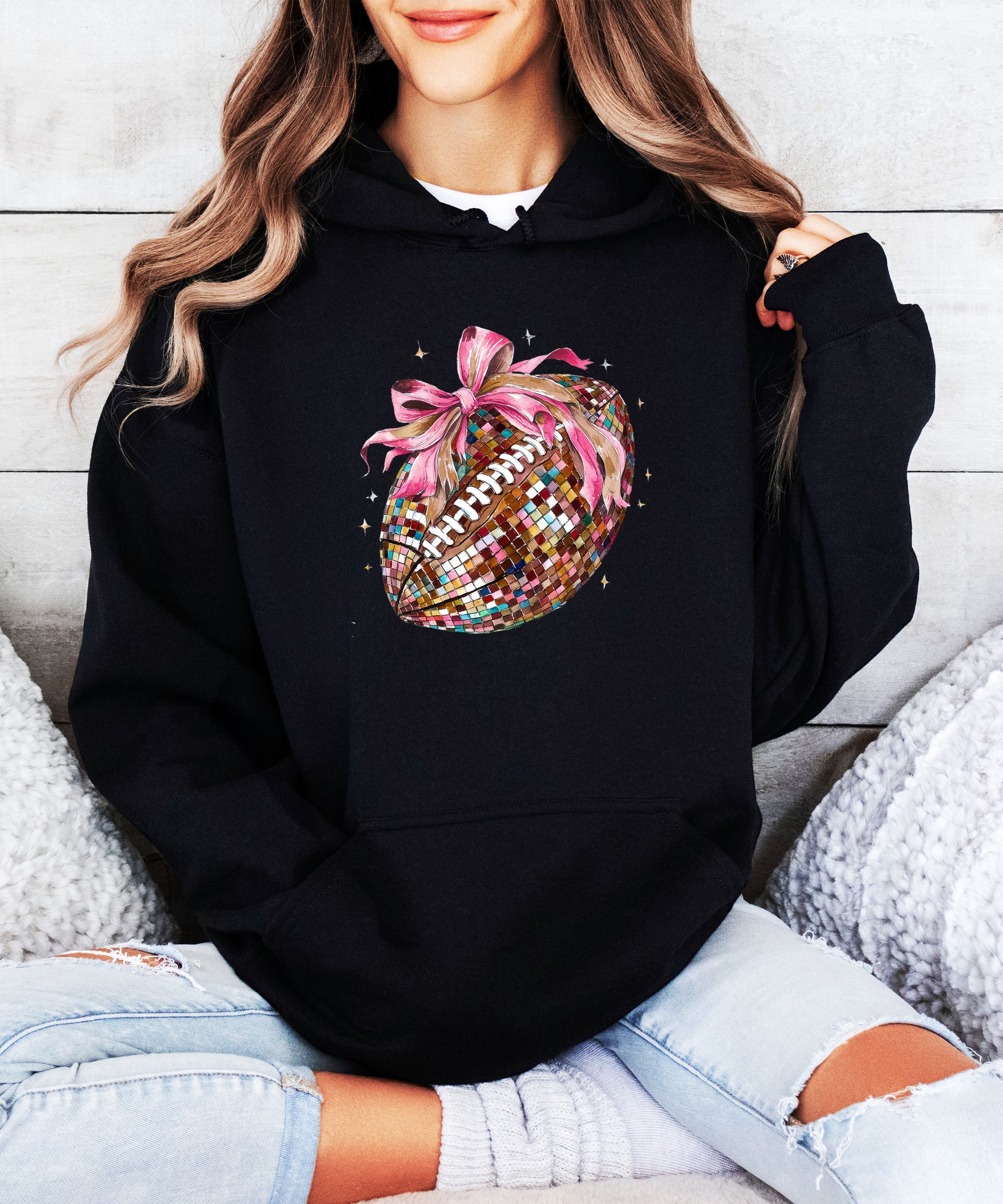 Disco Ball Football Coquette Bow Hoodie for Women, Black Hoodie, view 7