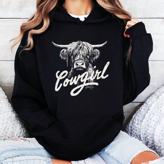 Cowgirl Highland Cow Hoodie - Black Hoodie - Olive Loves Apple