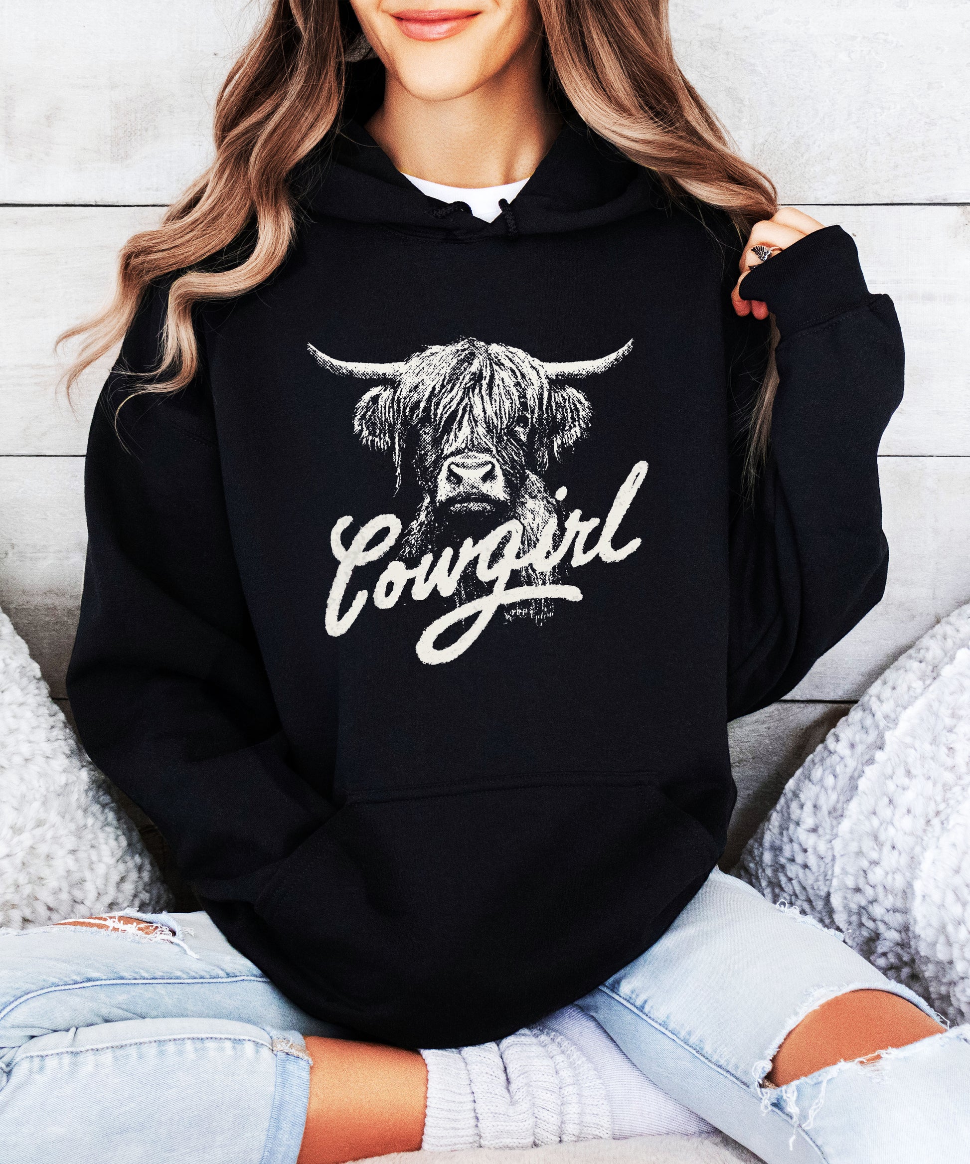 Cowgirl Highland Cow Hoodie - Black Hoodie - Olive Loves Apple