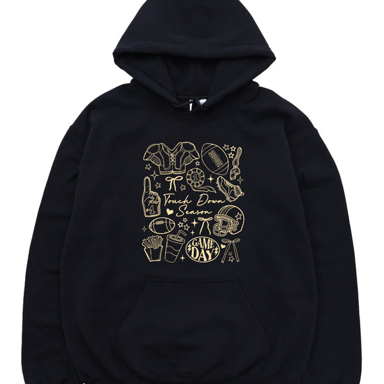 Black Touch Down Season football hoodie hood and pocket detail