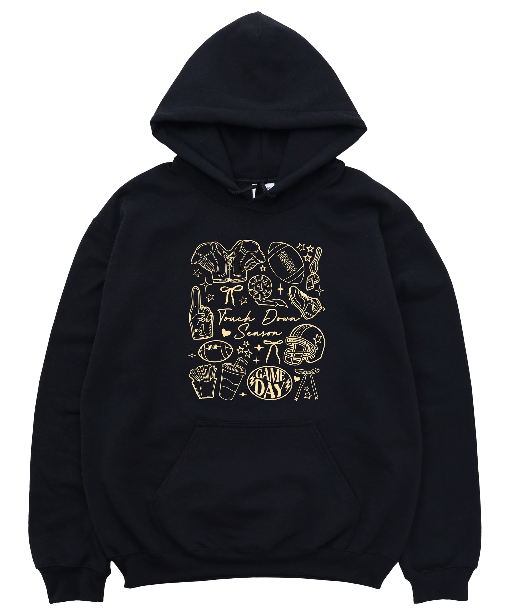 Black Touch Down Season football hoodie hood and pocket detail