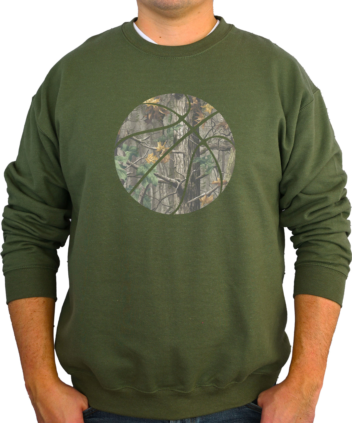 Camo basketball crewneck sweatshirt in Army Green, view 3