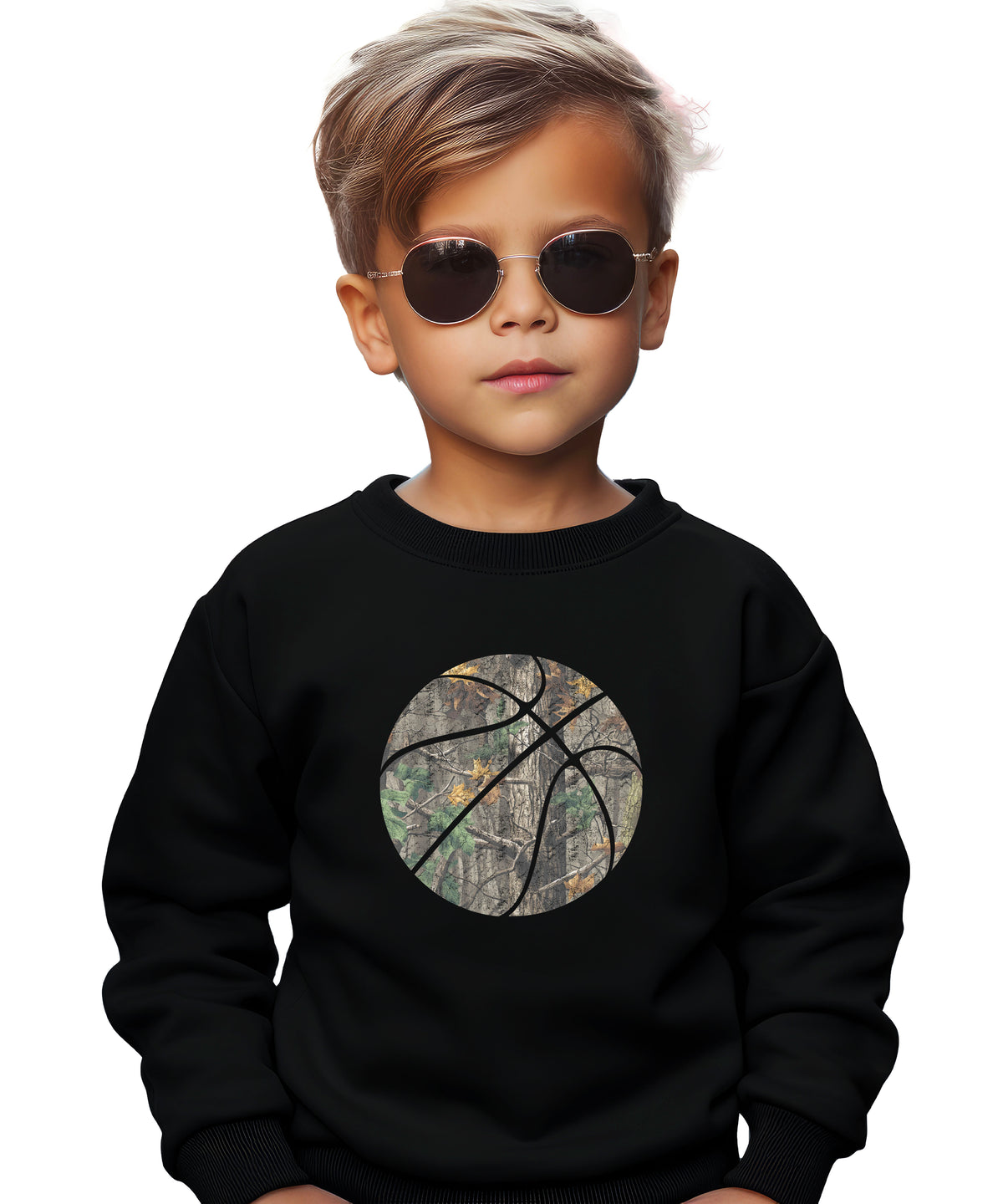 Camo basketball youth crewneck sweatshirt in Black, view 3