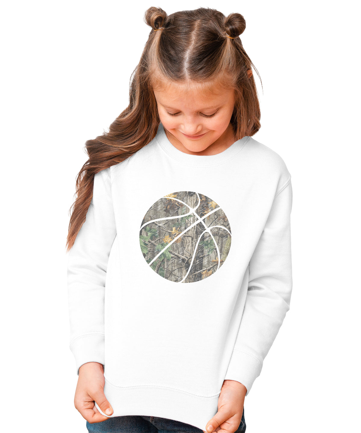 Camo basketball youth crewneck sweatshirt in White, view 2