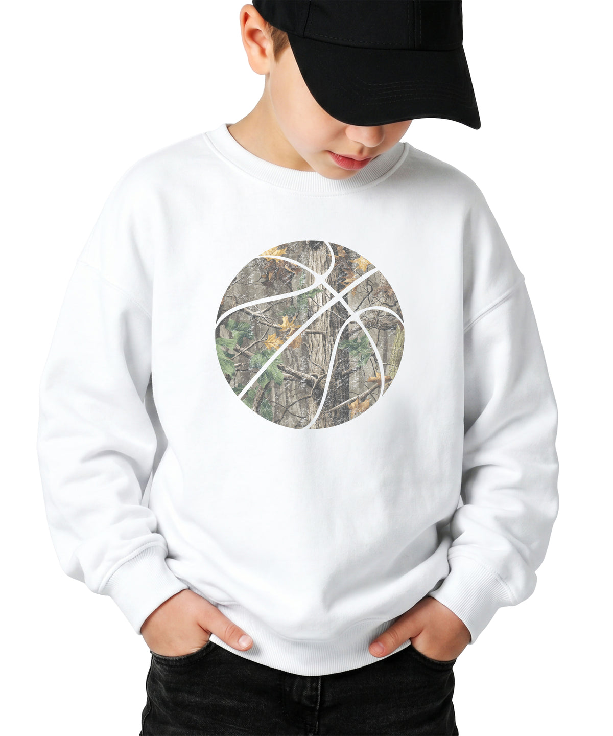 Camo basketball youth crewneck sweatshirt in White, view 3