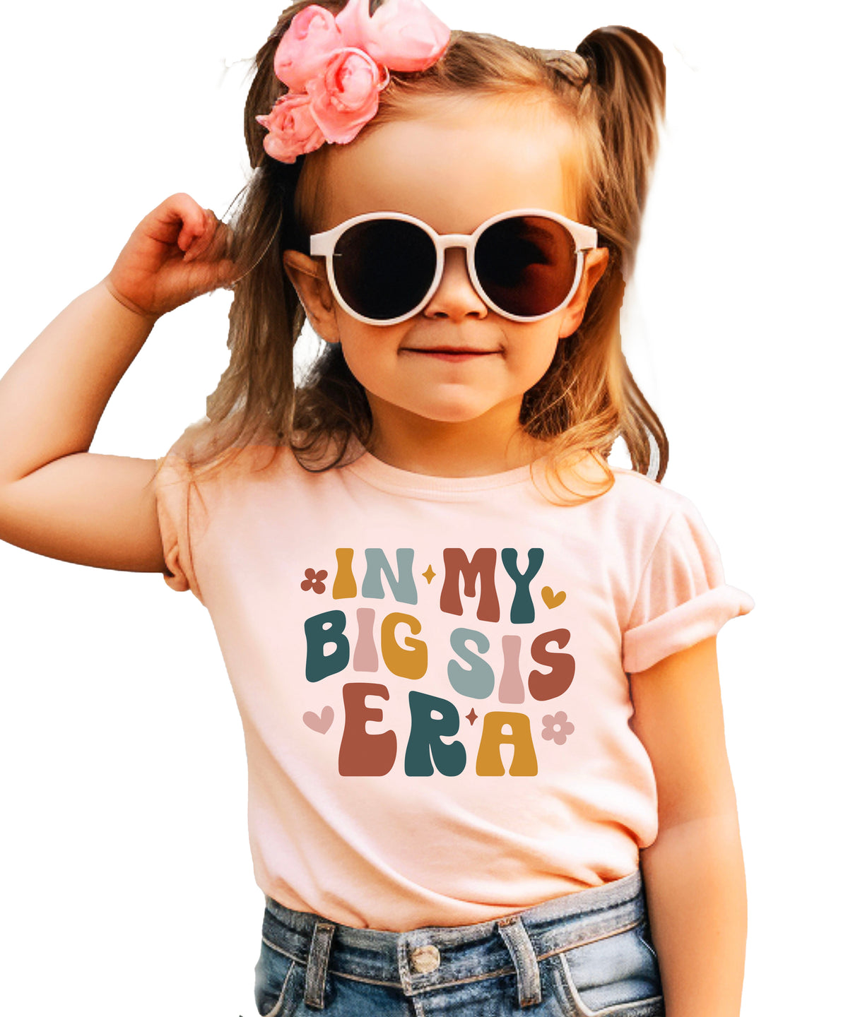 'In My Big Sis Era' girls' graphic tee in Peach, main front view