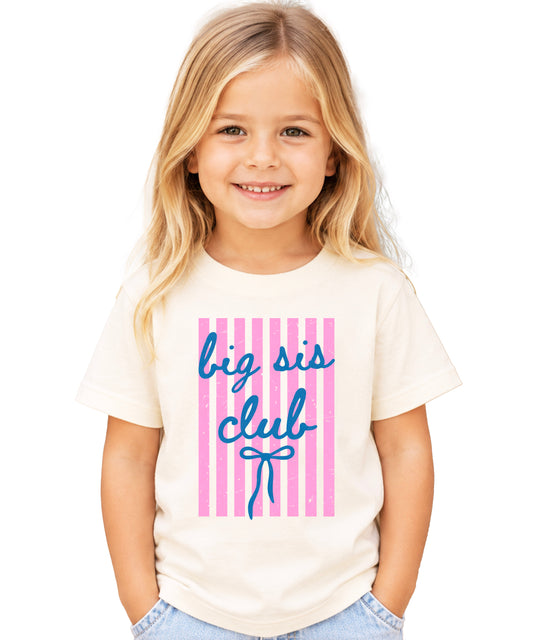 Big Sis Club sibling reveal announcement tee in Natural for girls - front view