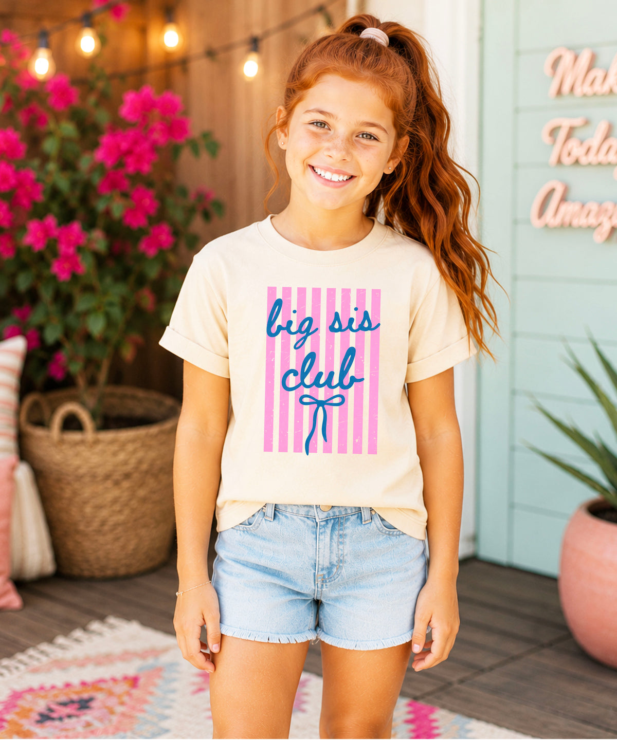 Big Sis Club sibling reveal announcement tee in Natural for girls - lifestyle view