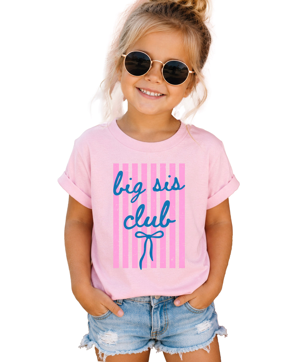 Big Sis Club sibling reveal announcement tee in Pink for girls - front view