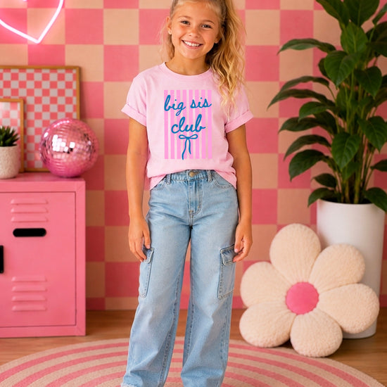 Big Sis Club sibling reveal announcement tee in Pink for girls - lifestyle view