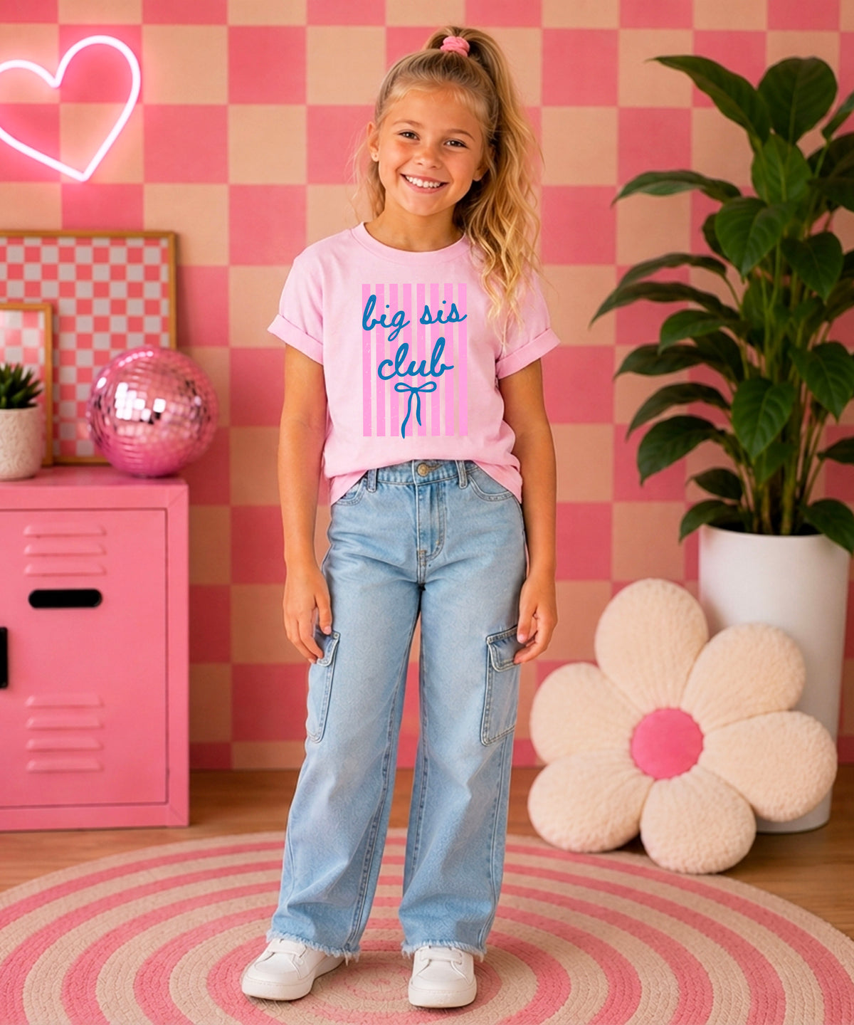 Big Sis Club sibling reveal announcement tee in Pink for girls - lifestyle view