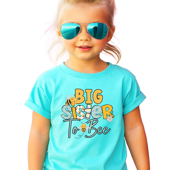 Big Sister to Bee bumble bee sibling reveal tee in Chill, front view