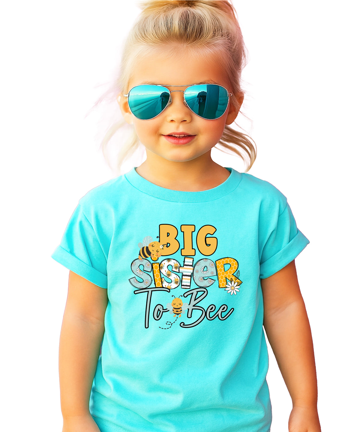 Big Sister to Bee bumble bee sibling reveal tee in Chill, front view