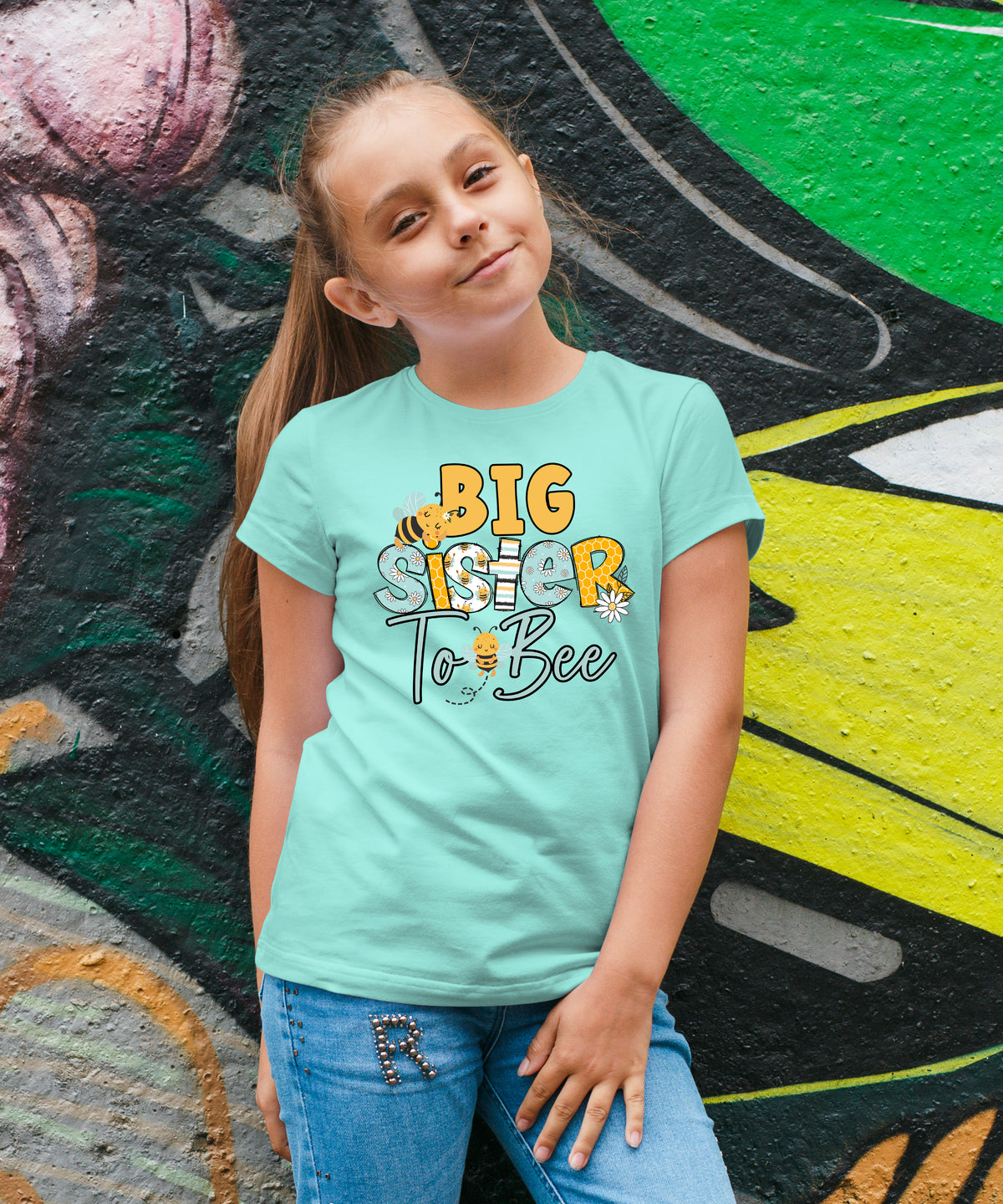 Big Sister to Bee bumble bee sibling reveal tee in Chill, view 4