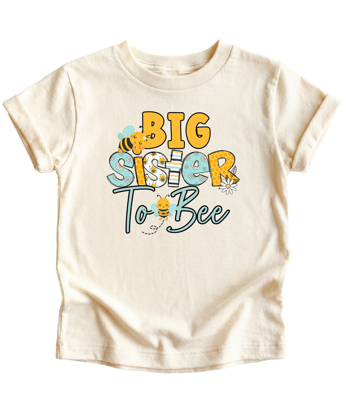 Big Sister to Bee bumble bee sibling reveal tee in Natural, front view