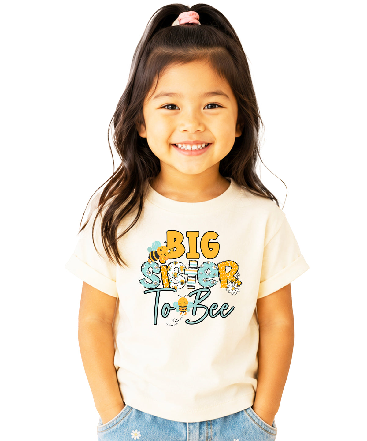 Big Sister to Bee bumble bee sibling reveal tee in Natural, view 2