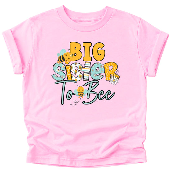 Big Sister to Bee bumble bee sibling reveal tee in Pink, front view