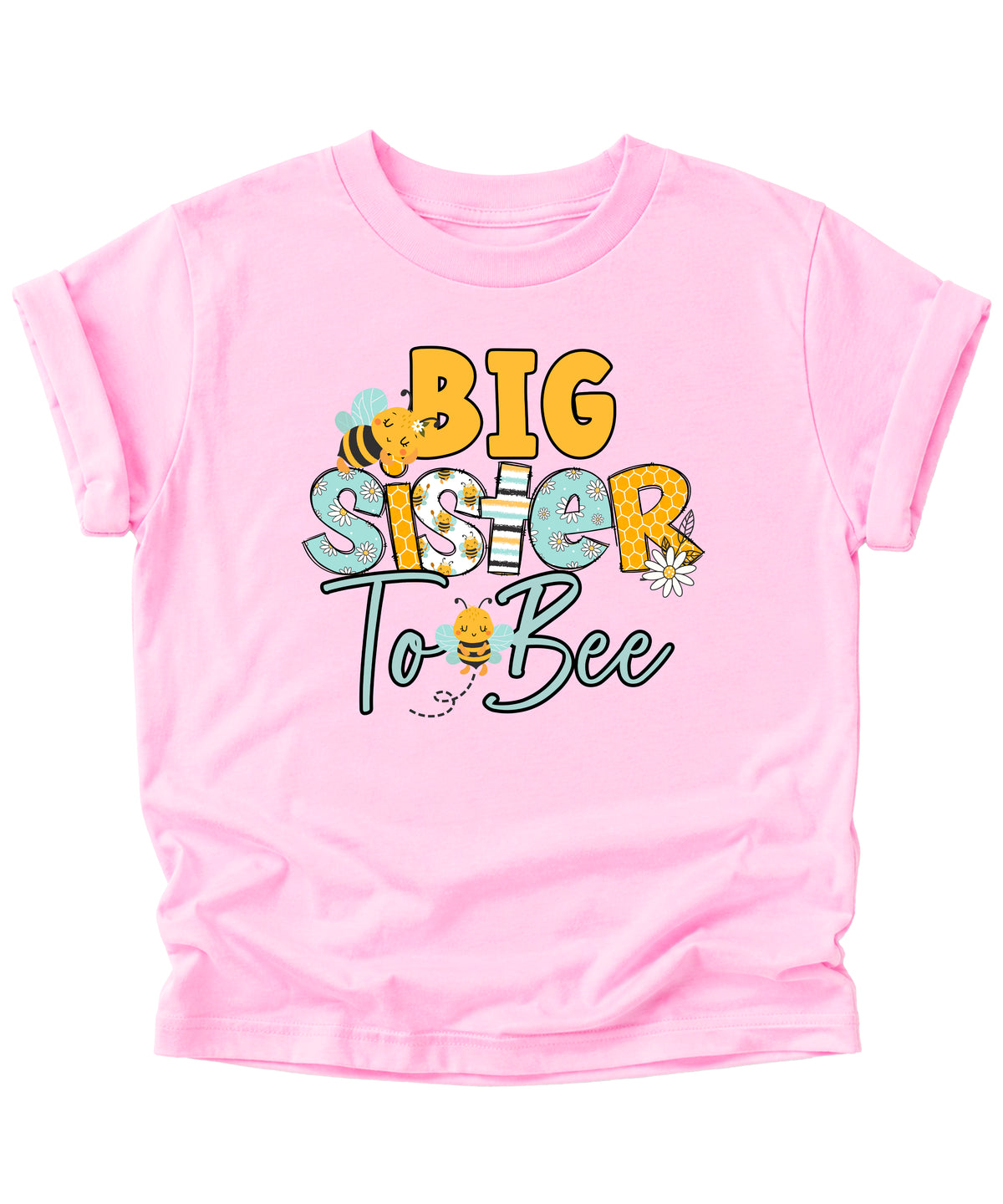 Big Sister to Bee bumble bee sibling reveal tee in Pink, front view