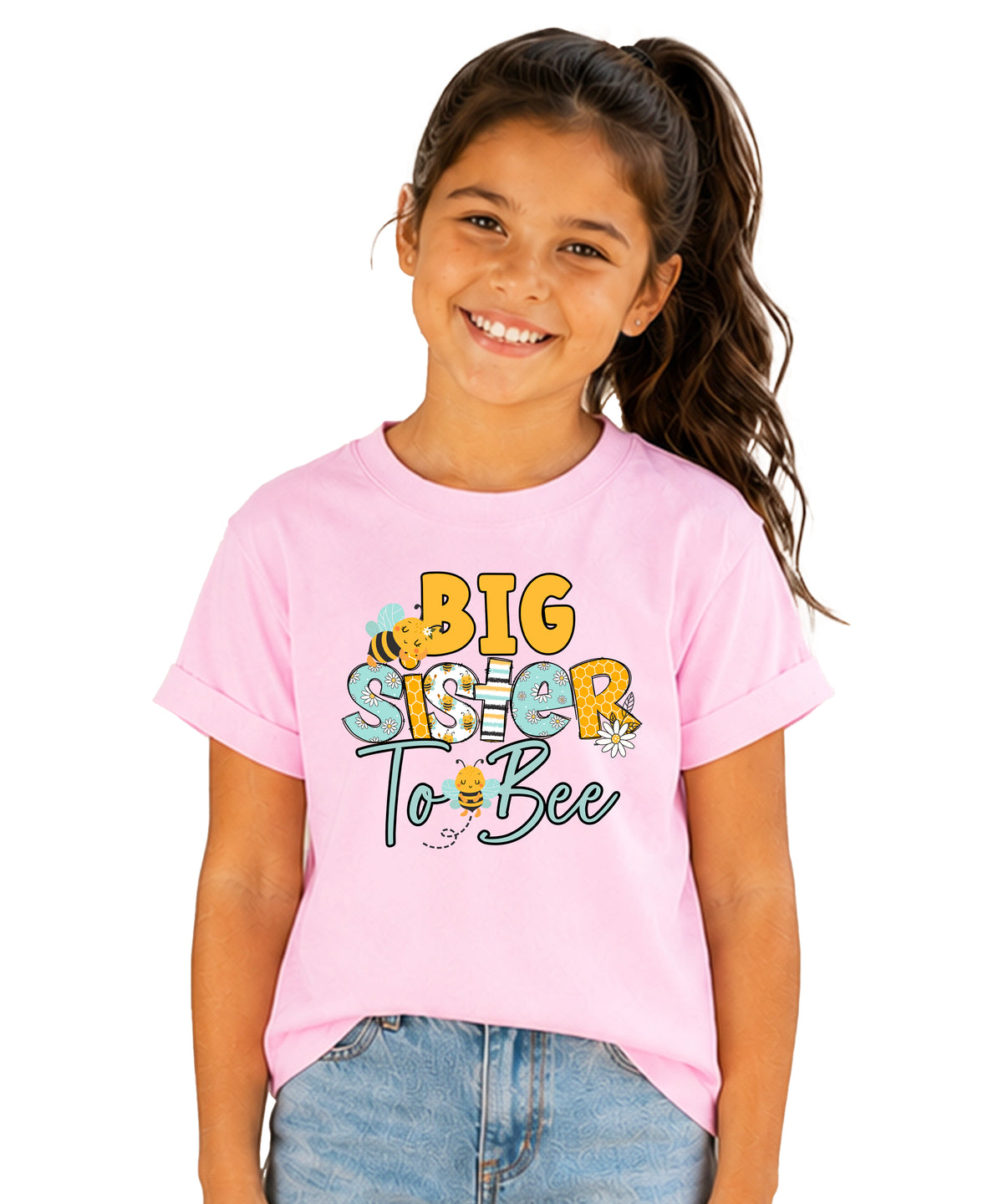 Big Sister to Bee bumble bee sibling reveal tee in Pink, view 2