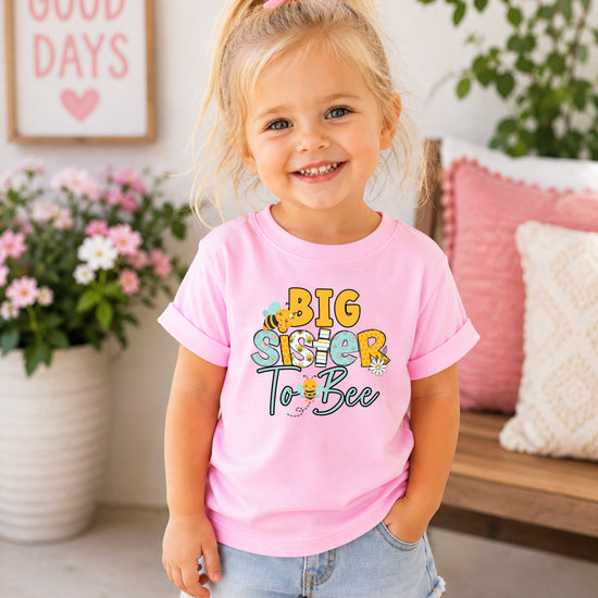 Big Sister to Bee bumble bee sibling reveal tee in Pink, view 3