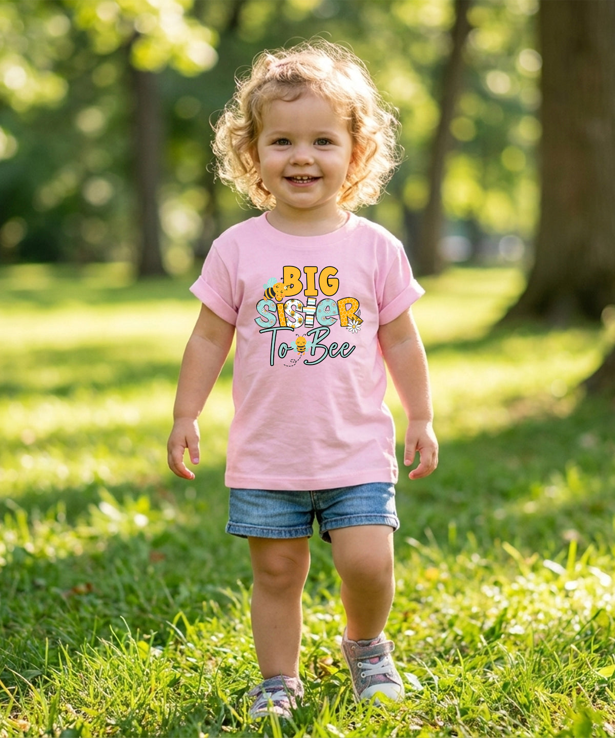 Big Sister to Bee bumble bee sibling reveal tee in Pink, view 4