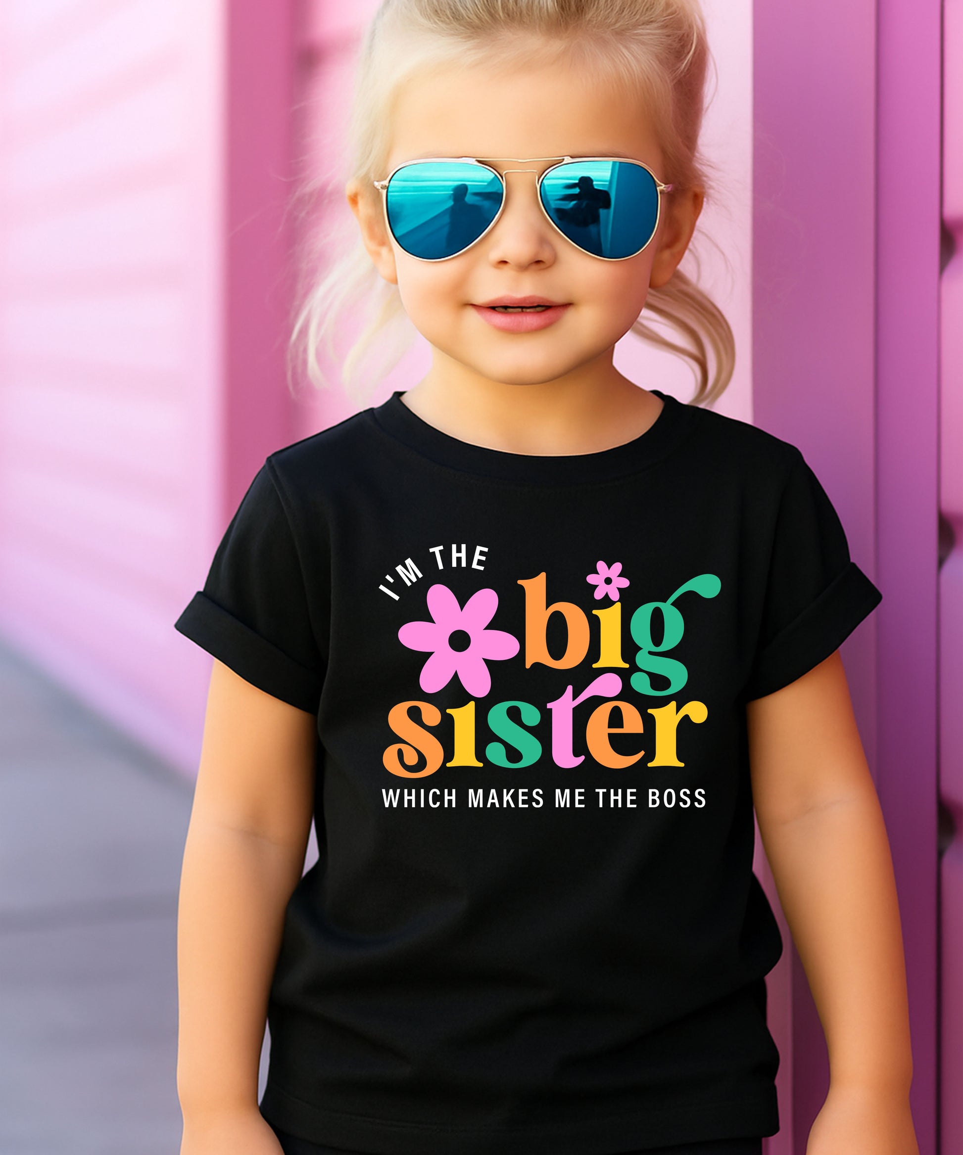 I'm the Big Sister Which Makes Me the Boss girls sibling announcement tee in Black - view 3 by Olive Loves Apple