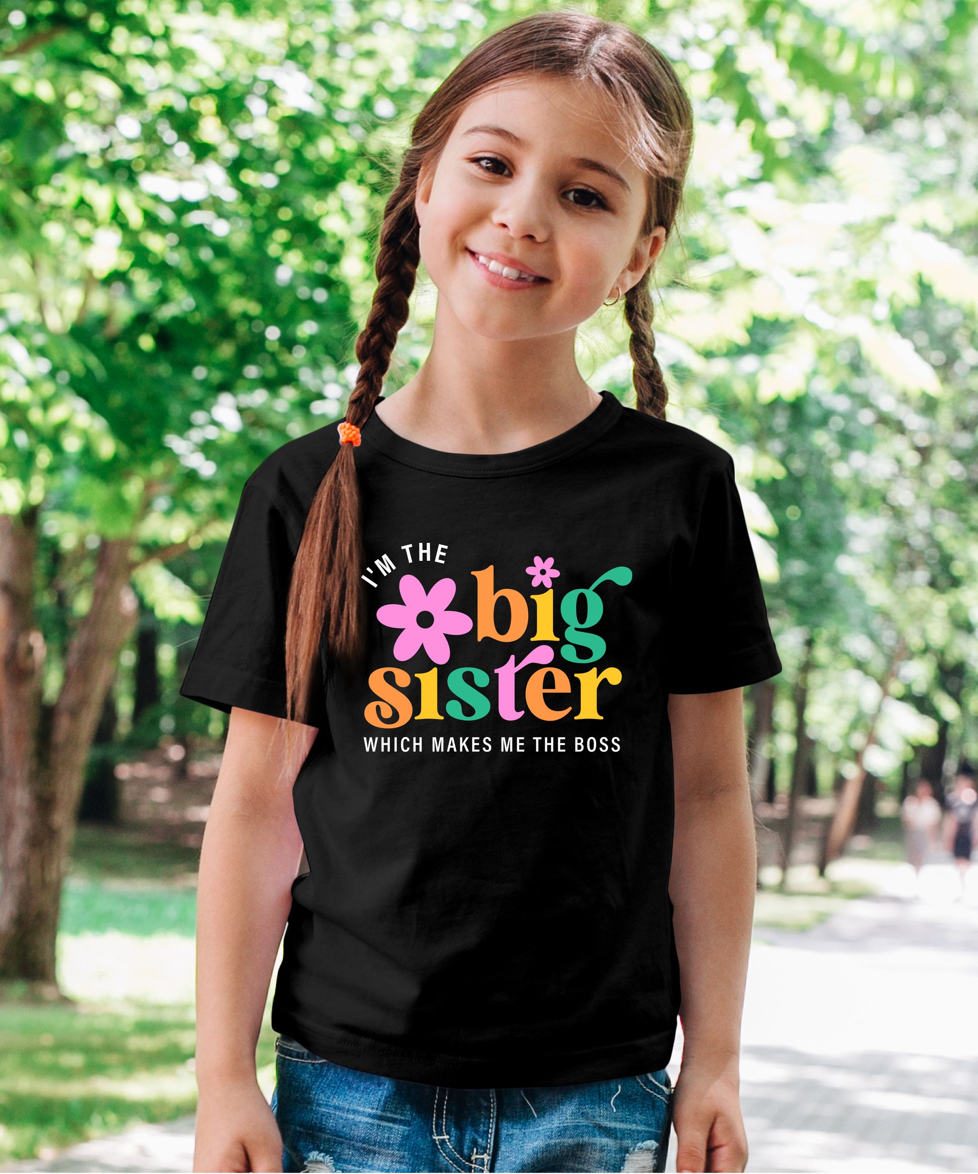 I'm the Big Sister Which Makes Me the Boss girls sibling announcement tee in Black - view 4 by Olive Loves Apple