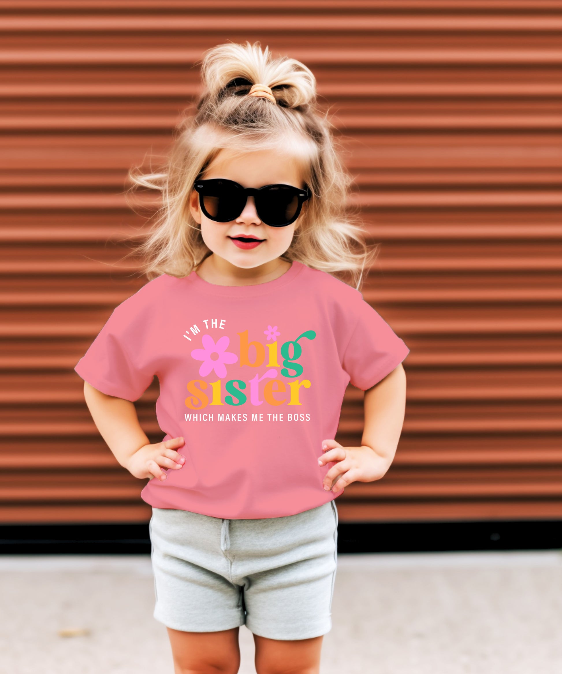 I'm the Big Sister Which Makes Me the Boss girls sibling announcement tee in Mauve - view 2 by Olive Loves Apple
