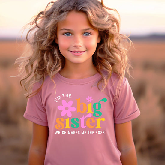 I'm the Big Sister Which Makes Me the Boss girls sibling announcement tee in Mauve - view 4 by Olive Loves Apple