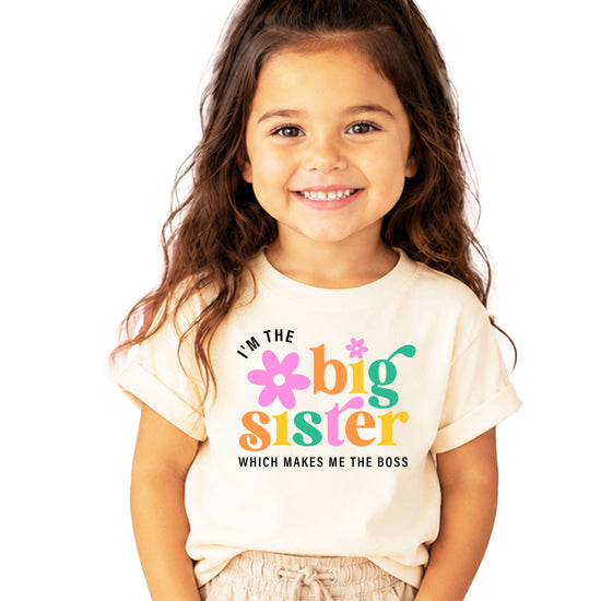I'm the Big Sister Which Makes Me the Boss girls sibling announcement tee in Natural - view 2 by Olive Loves Apple