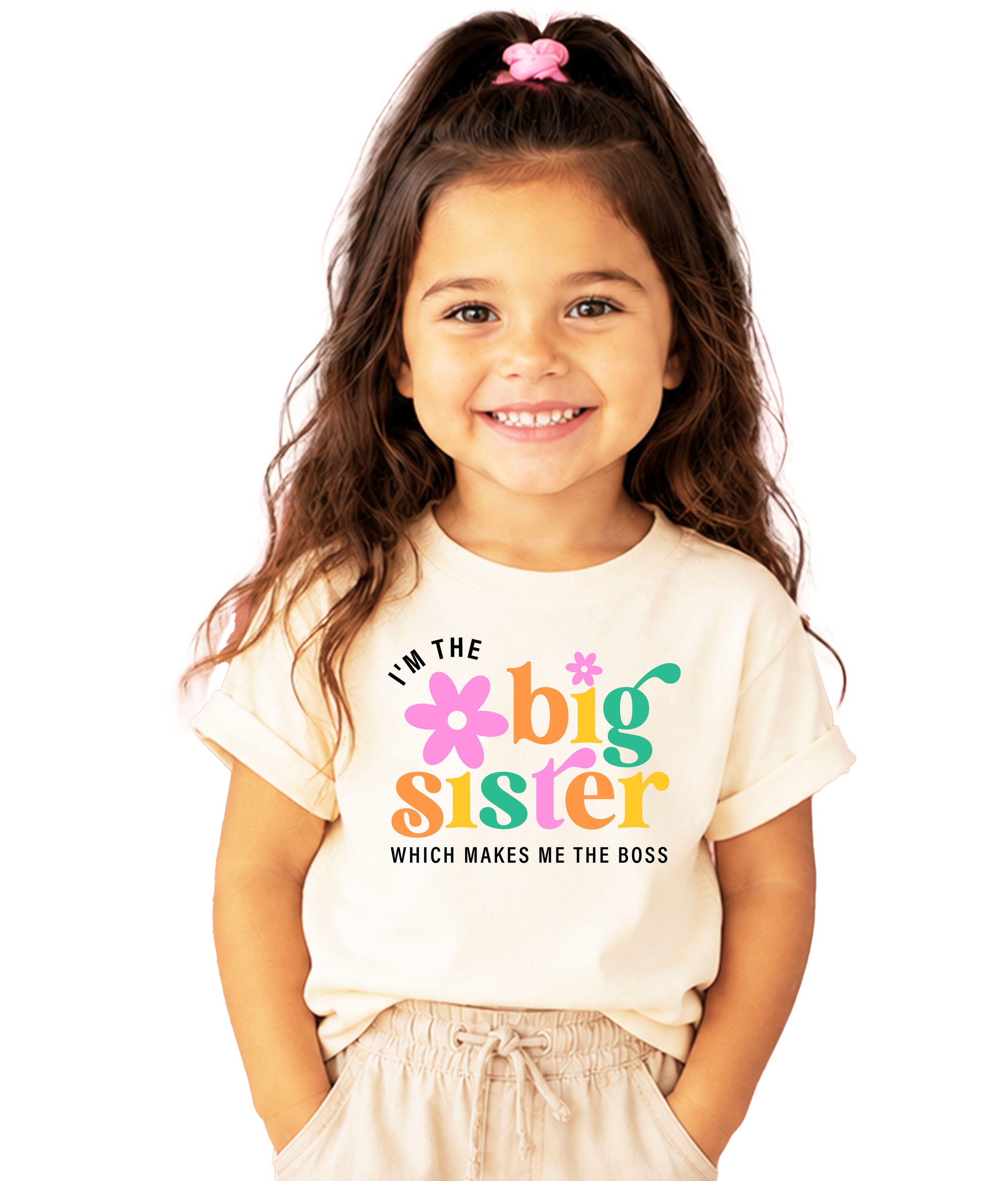 I'm the Big Sister Which Makes Me the Boss girls sibling announcement tee in Natural - view 2 by Olive Loves Apple