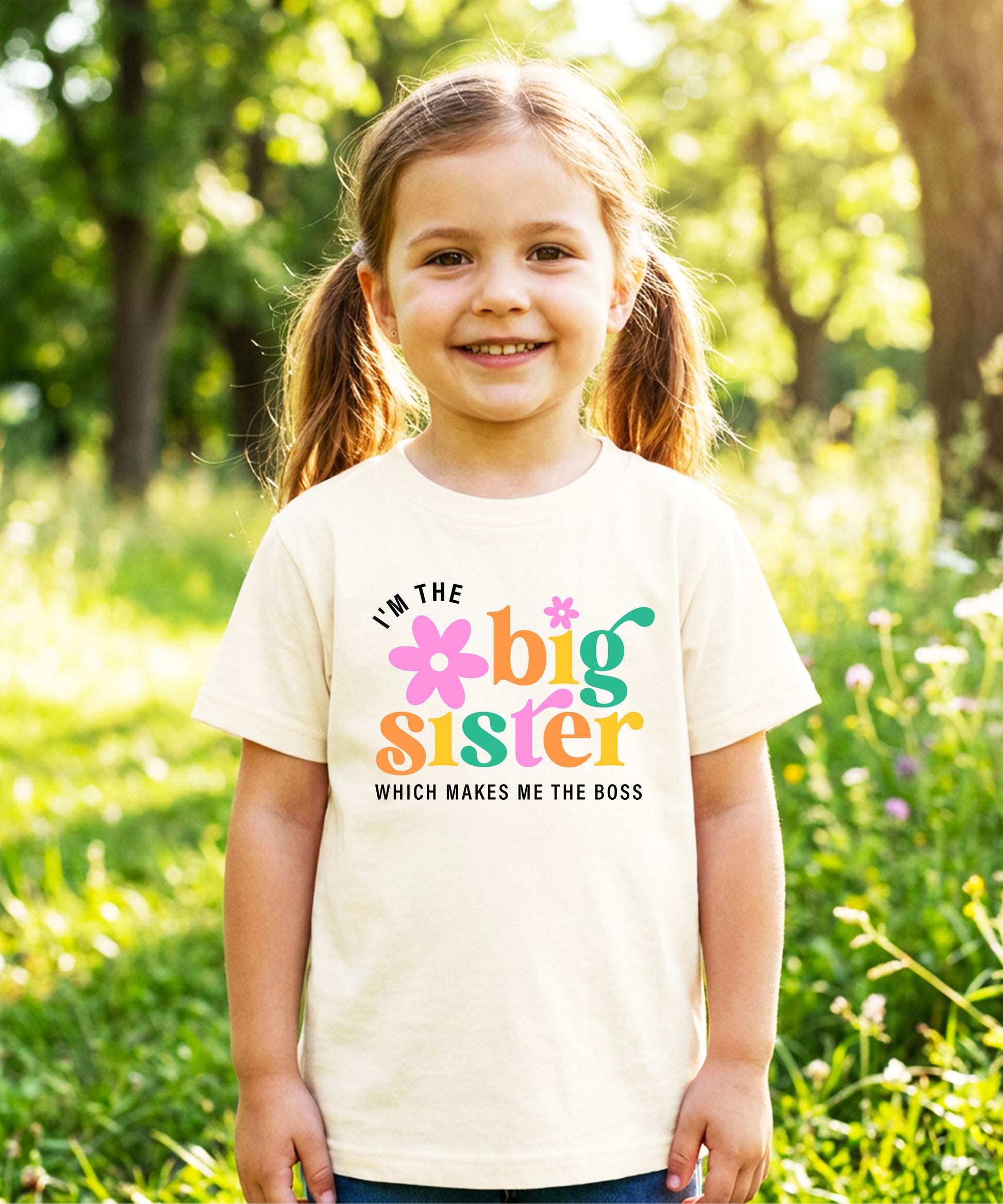 I'm the Big Sister Which Makes Me the Boss girls sibling announcement tee in Natural - view 3 by Olive Loves Apple