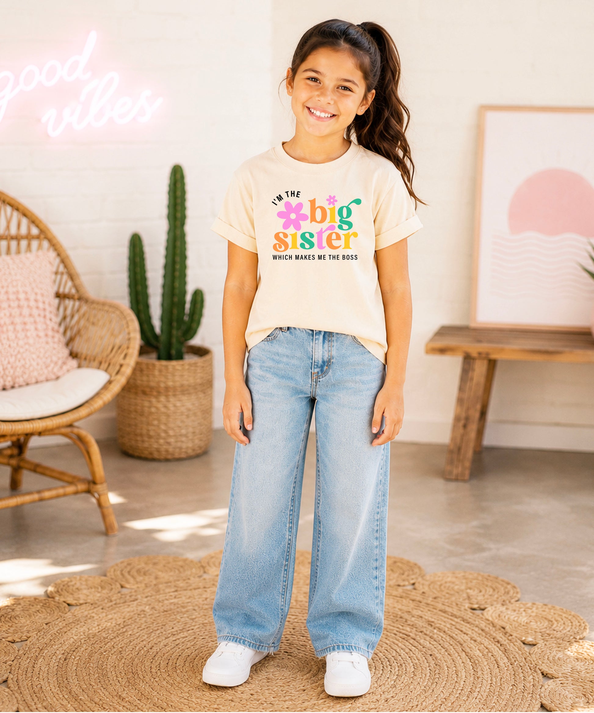 I'm the Big Sister Which Makes Me the Boss girls sibling announcement tee in Natural - view 4 by Olive Loves Apple