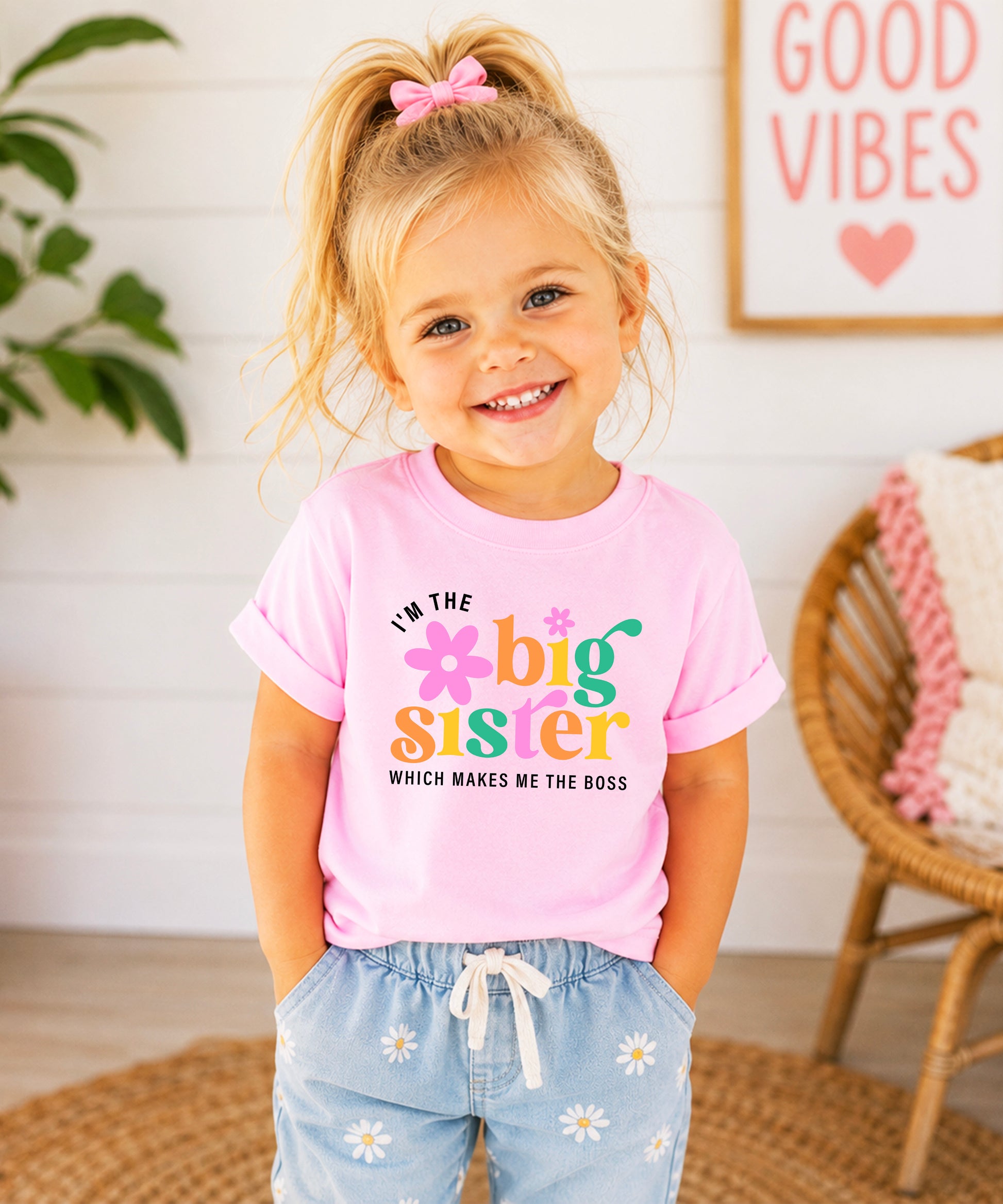 I'm the Big Sister Which Makes Me the Boss girls sibling announcement tee in Pink - view 2 by Olive Loves Apple