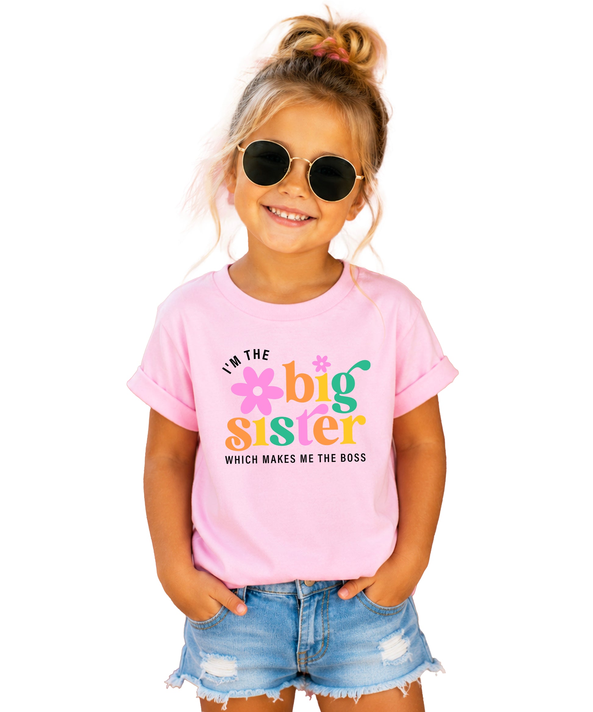 I'm the Big Sister Which Makes Me the Boss girls sibling announcement tee in Pink - view 3 by Olive Loves Apple