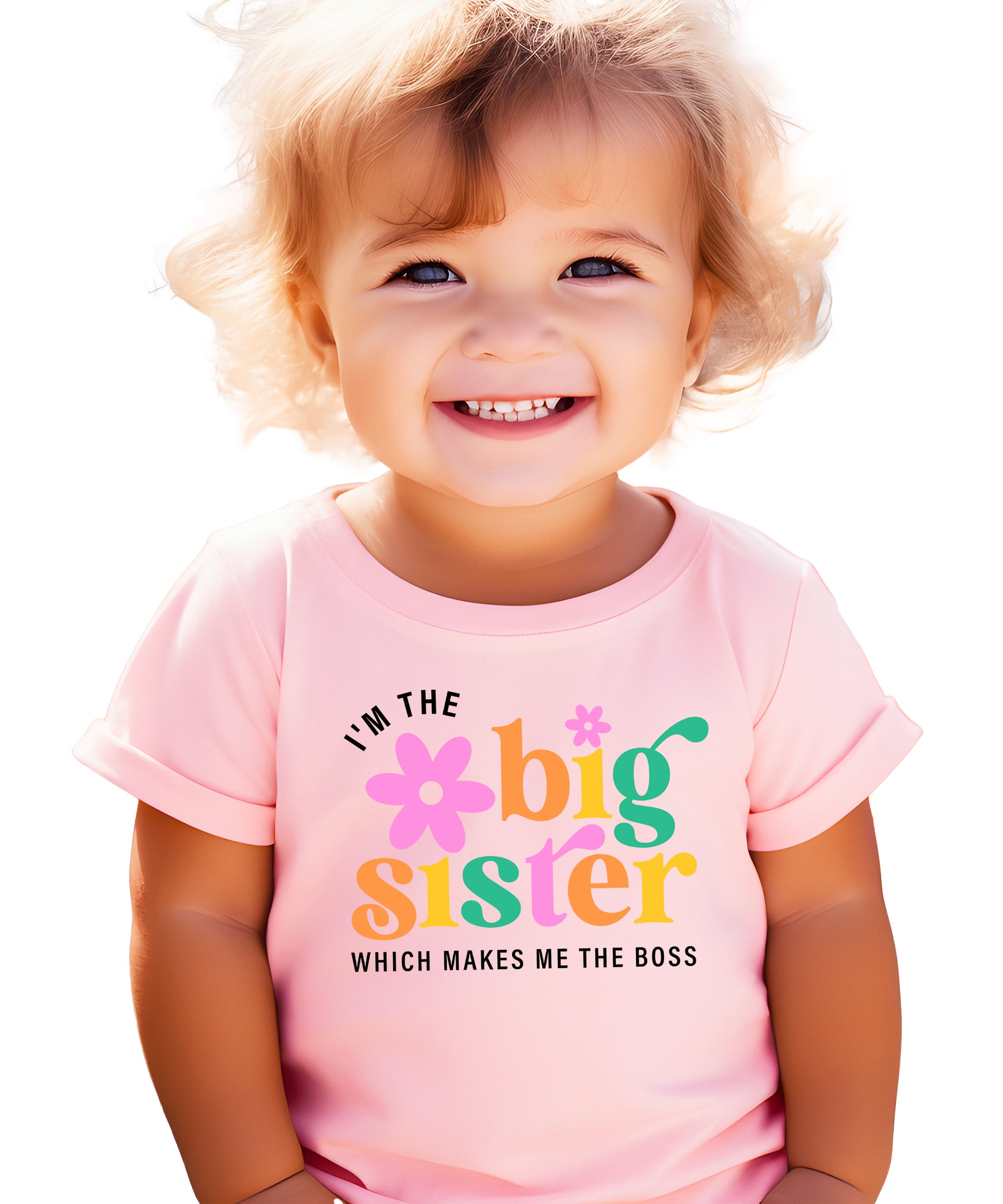 I'm the Big Sister Which Makes Me the Boss girls sibling announcement tee in Pink - view 4 by Olive Loves Apple
