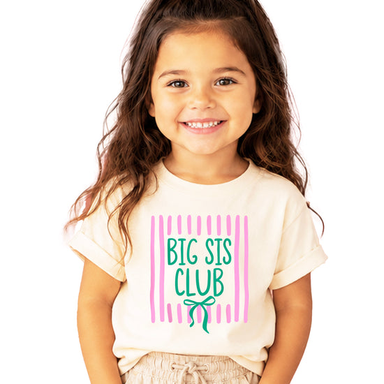 Big Sis Club coquette bow sibling reveal tee for girls in Natural, front view
