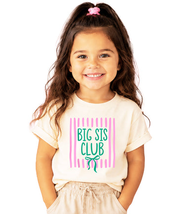 Big Sis Club coquette bow sibling reveal tee for girls in Natural, front view
