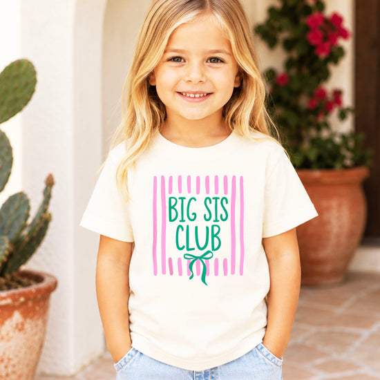 Big Sis Club coquette bow sibling reveal tee for girls in Natural, styled view